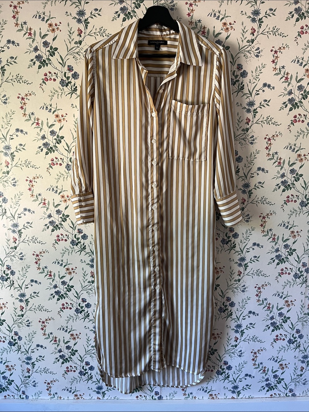 BR Striped Button-Down Shirt Dress in Tan and White